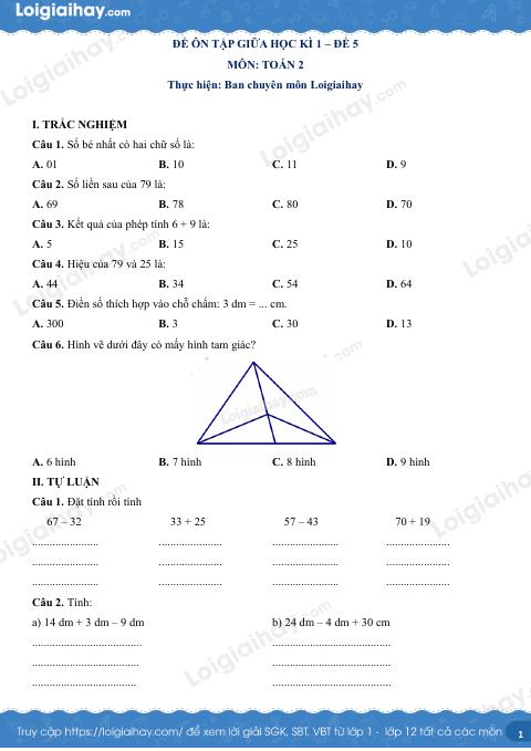 Đề kiểm tra giữa học kì 1 Toán 2 Kết nối tri thức - Đề số 5